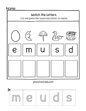 Lowercase letter matching preschool worksheet