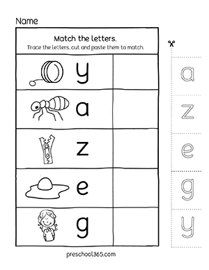 Free preschool worksheets on lowercase alphabet letters matching