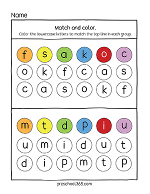 English lowercase letters matching activity for pre-k children