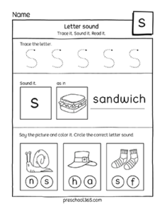 S is for snail, sandwich, snake, sock preschool activity sheet