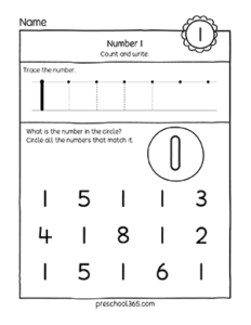 Free homeschool preschool number one printables
