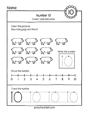 Free number 10 activities worksheets for 4 yr olds