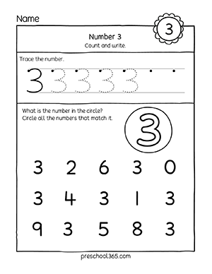 Free number three homeschool worksheets for preschoolers