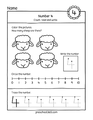 Number four counting worksheets for three year olds