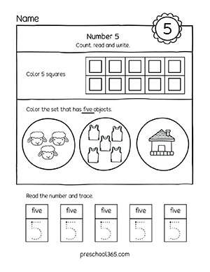 PreK number 5 counting activities worksheets for homeschool use