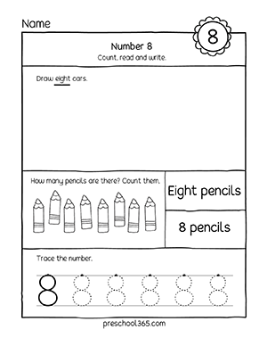 Preschool and PreK number eight activity worksheets