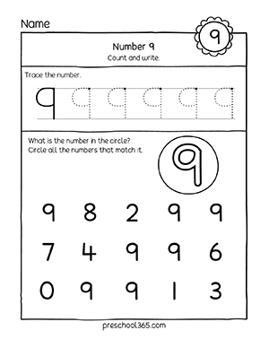 Free number nine writing and counting activity sheets for homeschool prek