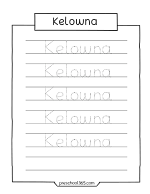 Kelowna kindergarten name tracing activity sheet