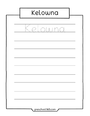 Free Kelowna kindergarten name tracing worksheet