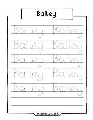 Bailey Name tracing sheet for 3 year old homeschool children