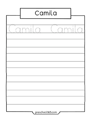 Free Camila preschool activity name sheet