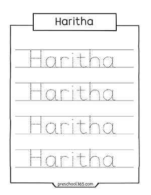 Free Haritha name tracing sheets for preschool kids