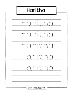 Free Haritha name tracing worksheets for kindergarten kids