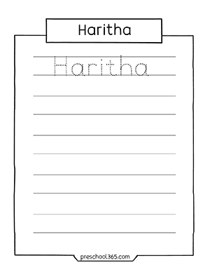 Free Haritha name tracing activity sheets for kindergarten kids