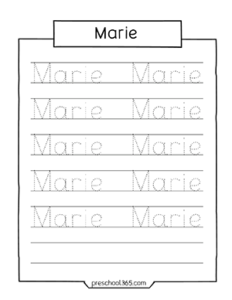 PreK Name tracing worksheet for Marie