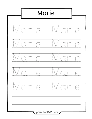 PreK Name tracing worksheet for Marie