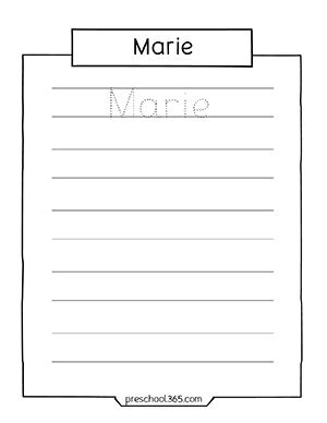 Kindergarten Name tracing worksheet for Marie