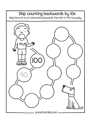 Skip counting in 10s activity sheets for children