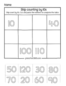 Free homeschool resources on skip counting in 10 activity sheets