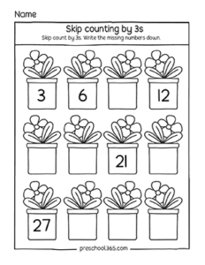 Free skip counting in 3s activity worksheets for prek children