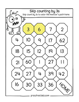 Free skip numbers in threes homeschool activities for kindergarten