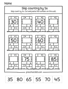 Fun skip counting in 5s activity printables for 4 year olds.