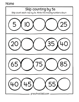 Free skip counting in 5s activity worksheets for kindergarten children