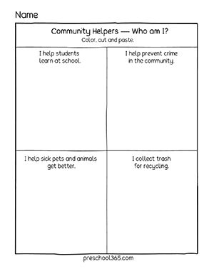 PreK Community Workers activity worksheets Who am I