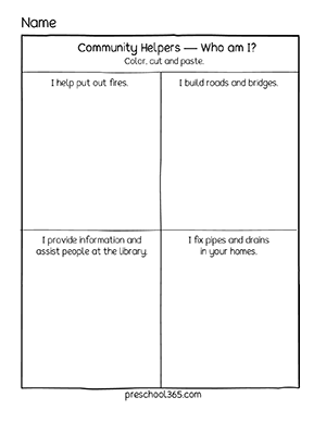 PreK Community Workers activity Printables for 4 year olds