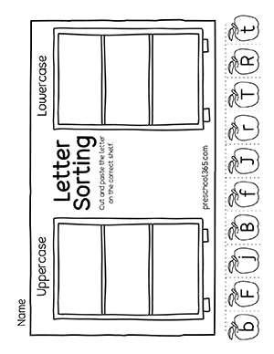 Apple theme letter sorting activity sheets for kindergarten children