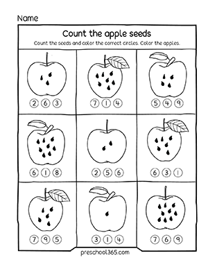 Apples theme seed counting activity worksheets for kindergarten homeschool children