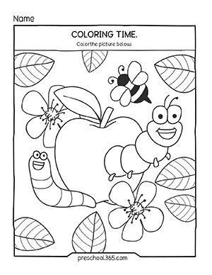 Apples theme coloring activity worksheets for preschool homeschool children