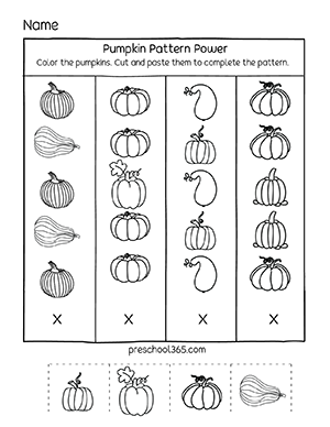 Pumpkin pattern power activity sheets for preschool kids