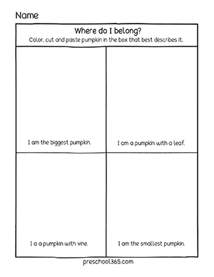 Pumpkin size and description activity sheets for preschoolers