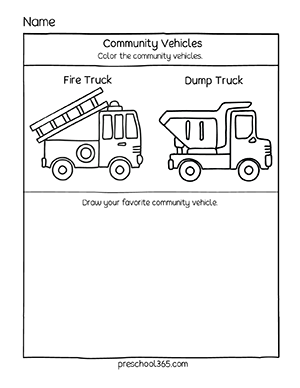Community vehicles color and draw activity for preschool use