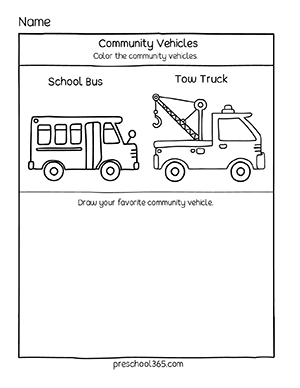 Community vehicles color and draw activity for 3 year olds