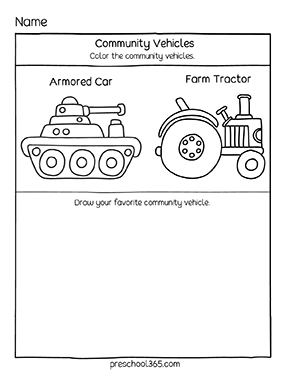 Vehicles that community helpers use preschool worksheets