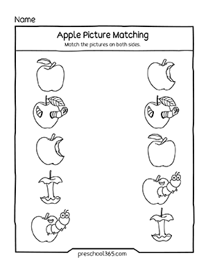 Apples theme worksheets for preschool homeschool children