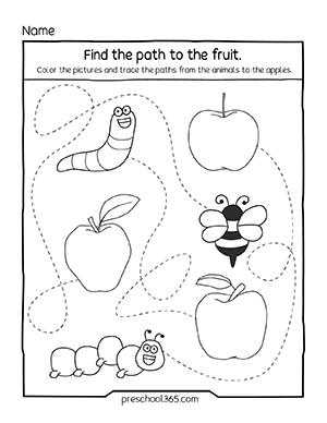 Apple tracing activity sheets for preschool kids