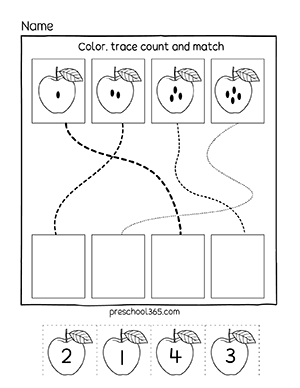Apple line tracing activity worksheets for preschool kids