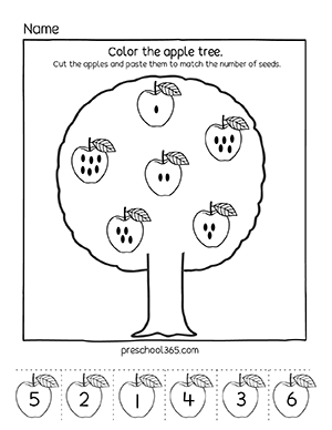 Count and match the apples activity worksheets for 4 year olds