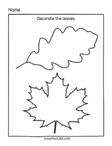 Decorate the fall leaf activity sheet for homeschool and preschool children