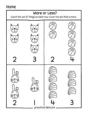 More or less activity printables for preschool children learning from home