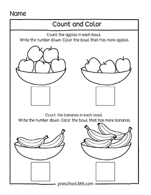 Count and measure, more or less preschool worksheets