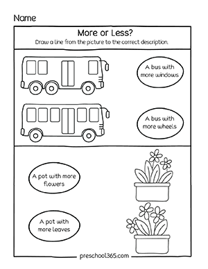 More or Less activity theme worksheets for 3 year olds