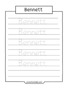 Quality Name tracing practice sheets for preschool Bennett