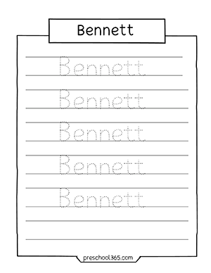 Quality Name tracing practice sheets for preschool Bennett