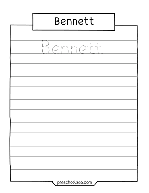 Free Name tracing practice worksheets for preschool Bennett