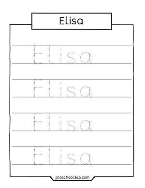 Free preschool name practice sheet for Elisa