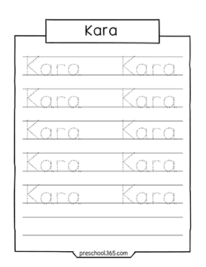 Free name tracing sheet for preschool Kara
